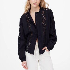 Madewell Lace-Inset Pintucked Button-Up Top in Jet Black – Women’s Size XL